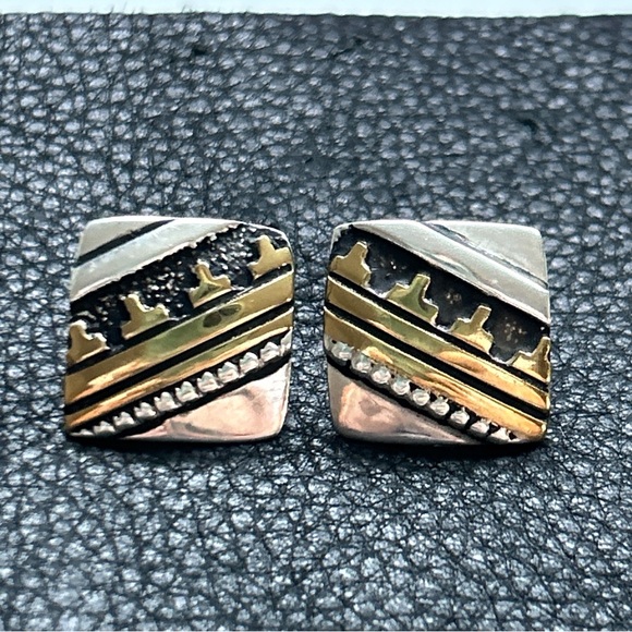 Vintage Tommy Charlie Navajo Sterling Silver Gold Sculptural Earrings - Picture 4 of 10